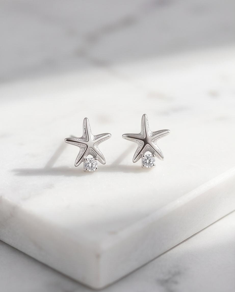 Little / Small / Tiny Silver‑Tone Starfish Stud Earrings with Crystal Accent