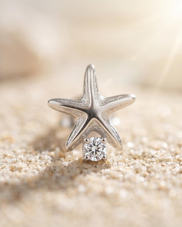 Little / Small / Tiny Silver‑Tone Starfish Stud Earrings with Crystal Accent