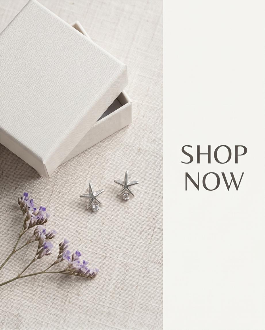 Little / Small / Tiny Silver‑Tone Starfish Stud Earrings with Crystal Accent