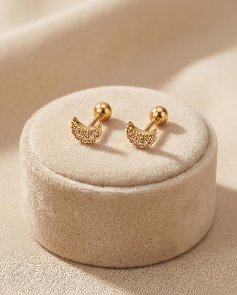 Little/ Small/ Tiny Gold‑Tone Crescent Moon Stud Earrings with Crystal Accents