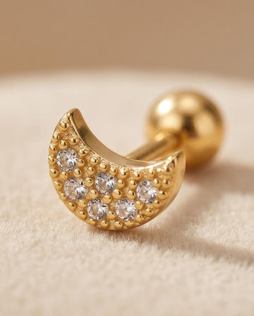 Little/ Small/ Tiny Gold‑Tone Crescent Moon Stud Earrings with Crystal Accents