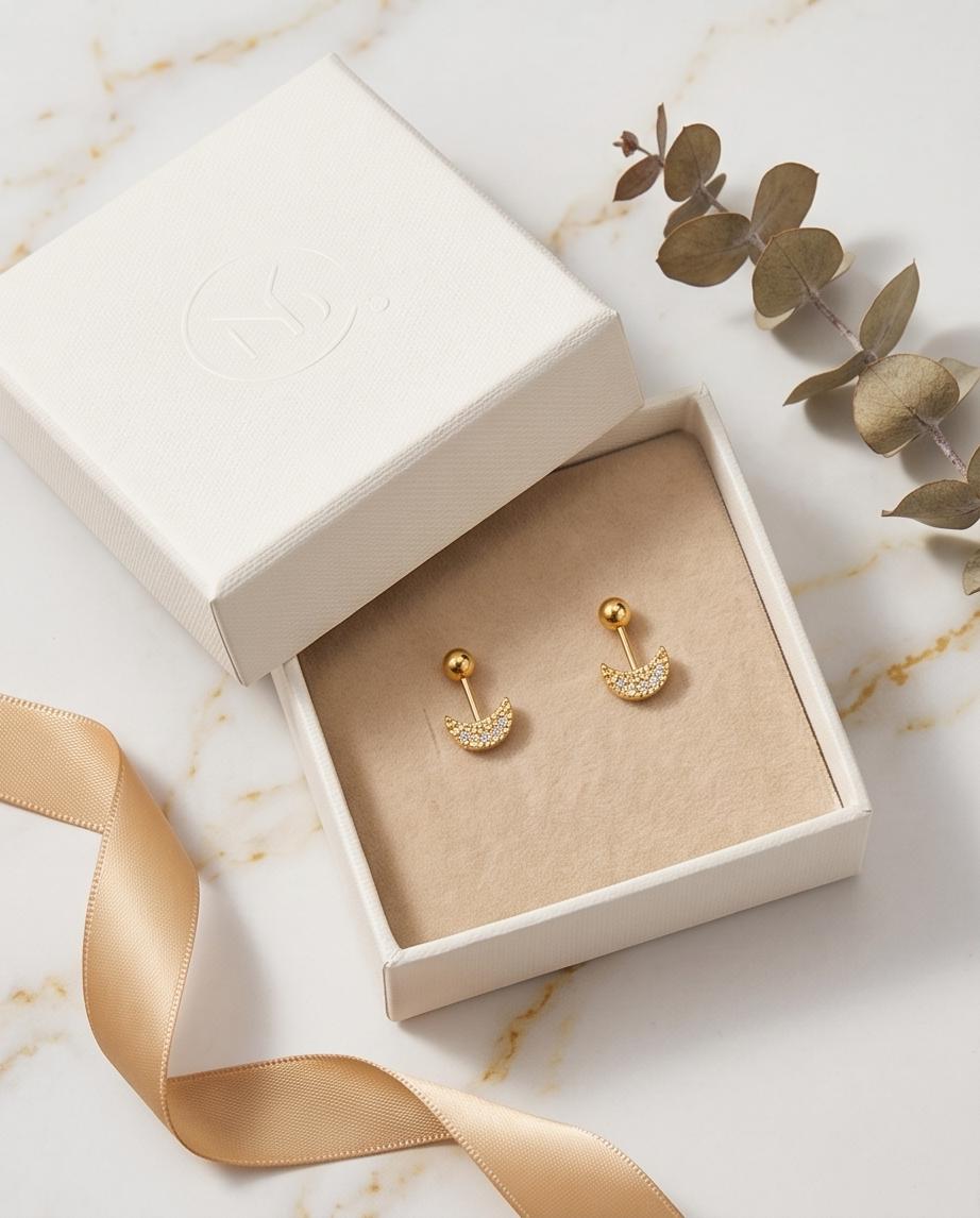 Little/ Small/ Tiny Gold‑Tone Crescent Moon Stud Earrings with Crystal Accents