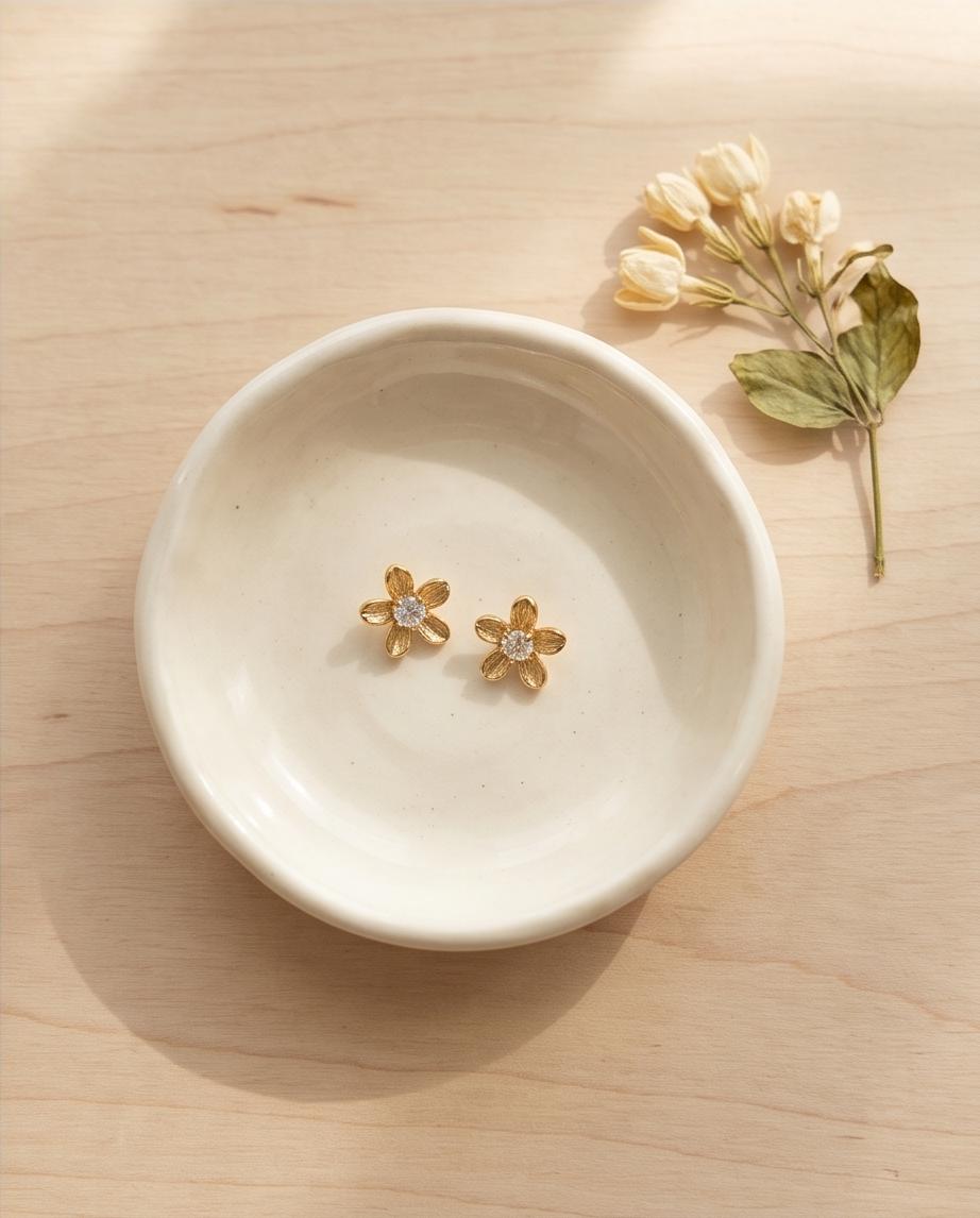 Little/ Small/ Tiny Gold‑Tone Floral Stud Earrings with Crystal Center