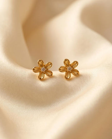 Little/ Small/ Tiny Gold‑Tone Floral Stud Earrings with Crystal Center