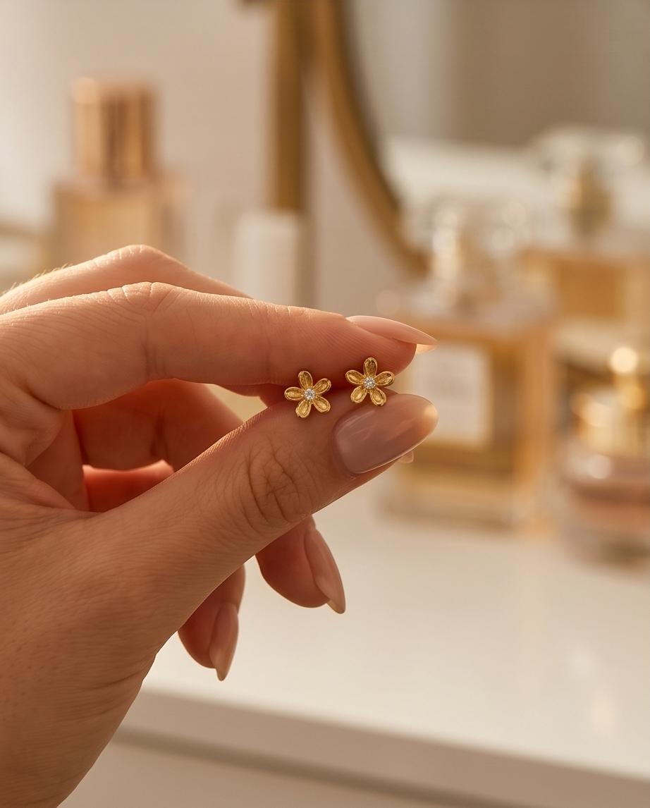 Little/ Small/ Tiny Gold‑Tone Floral Stud Earrings with Crystal Center