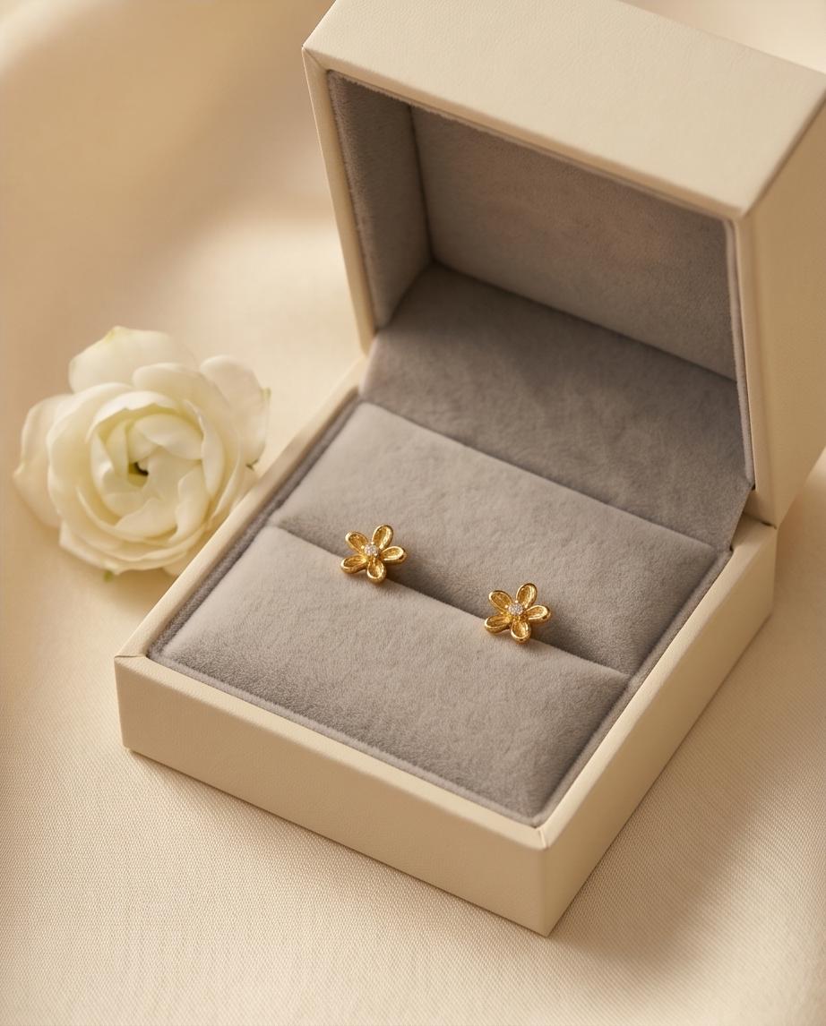 Little/ Small/ Tiny Gold‑Tone Floral Stud Earrings with Crystal Center