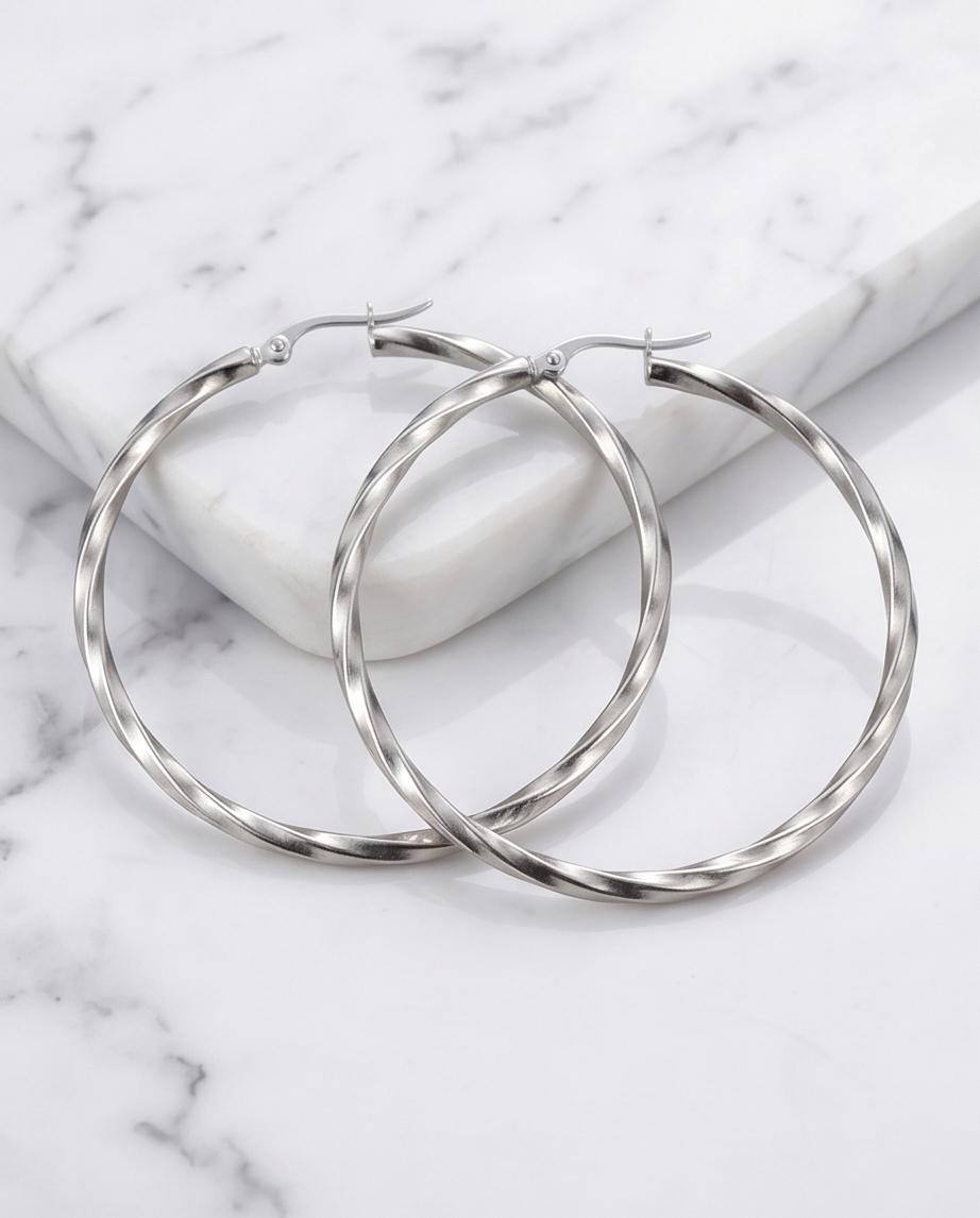 Medium Silver‑Tone Twisted Hoop Earrings