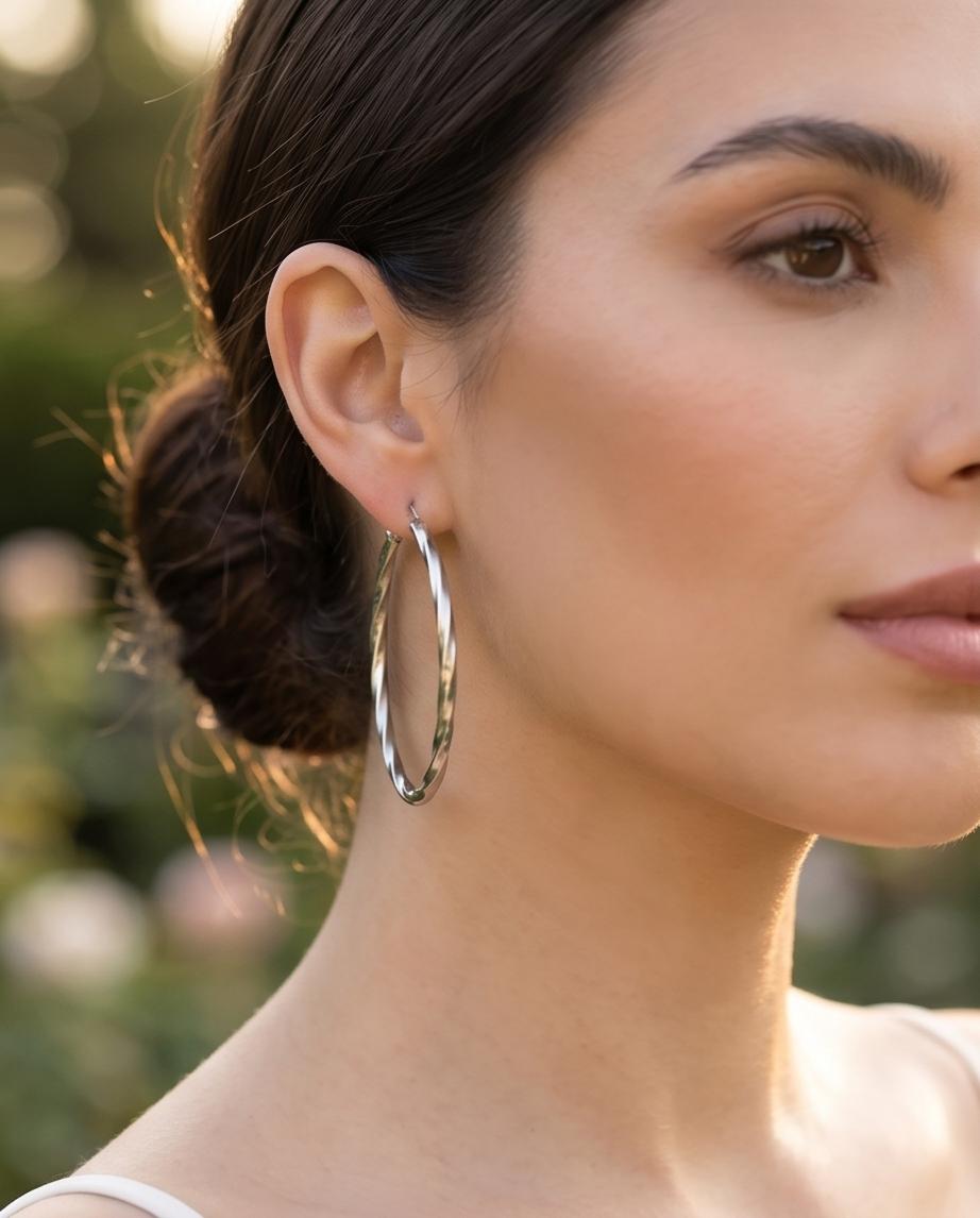 Medium Silver‑Tone Twisted Hoop Earrings