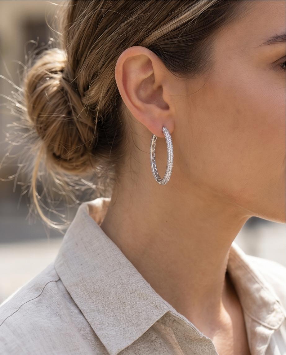 Medium Pavé Crystal Hoop Earrings in Silver Tone