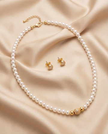 Classic Pearl Necklace with Gold‑Tone Center Detail & Pavé Stud Earrings Set