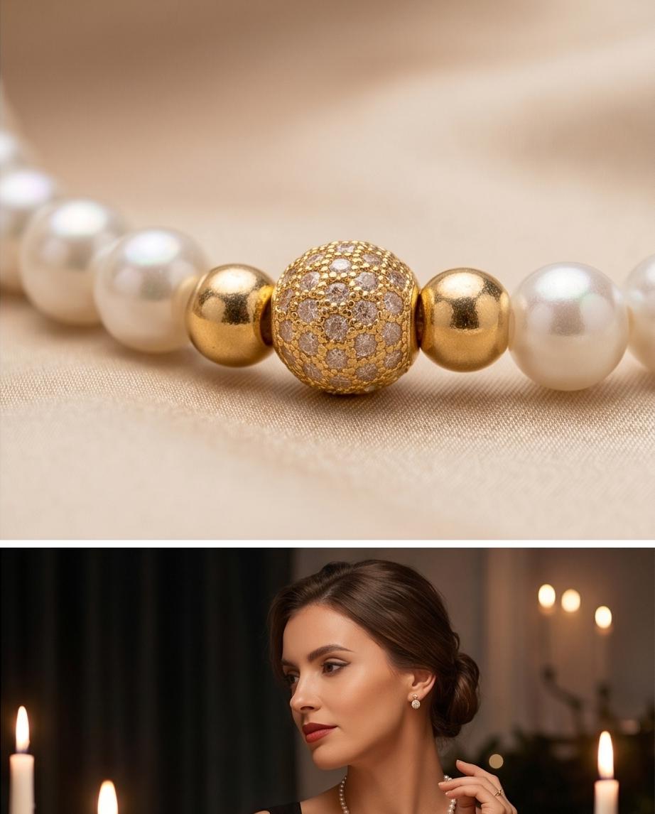 Classic Pearl Necklace with Gold‑Tone Center Detail & Pavé Stud Earrings Set