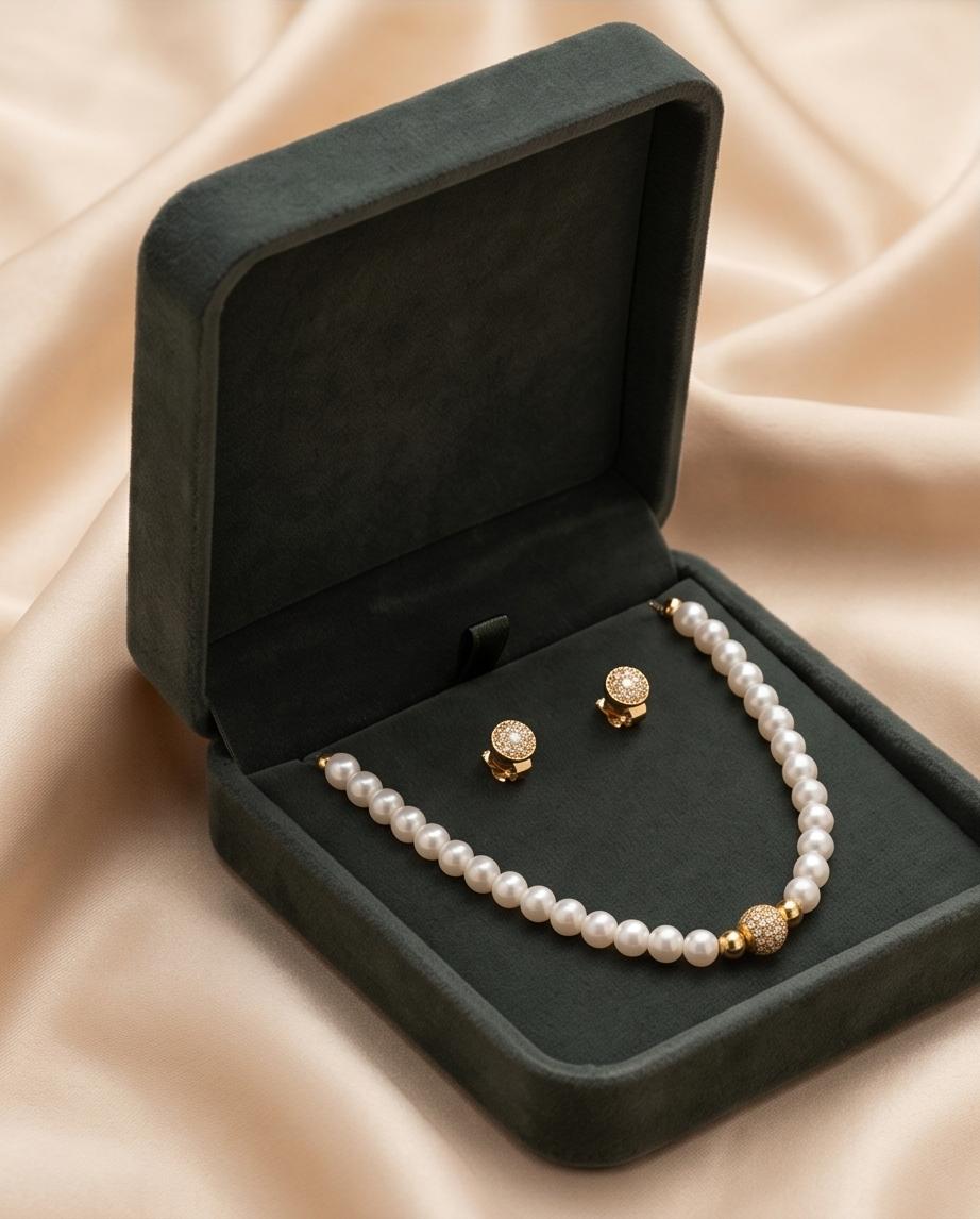 Classic Pearl Necklace with Gold‑Tone Center Detail & Pavé Stud Earrings Set