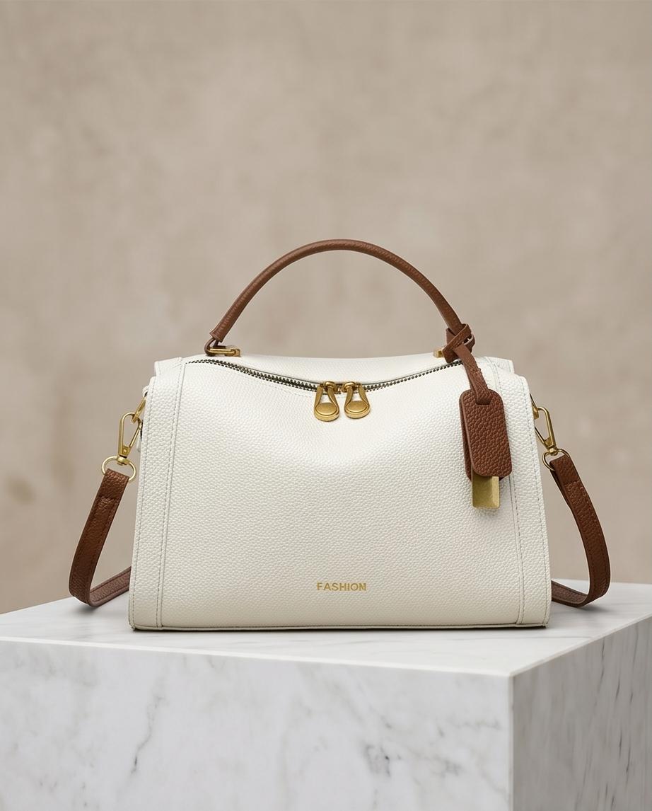 Ivory Top‑Handle Satchel Bag with Brown Trim