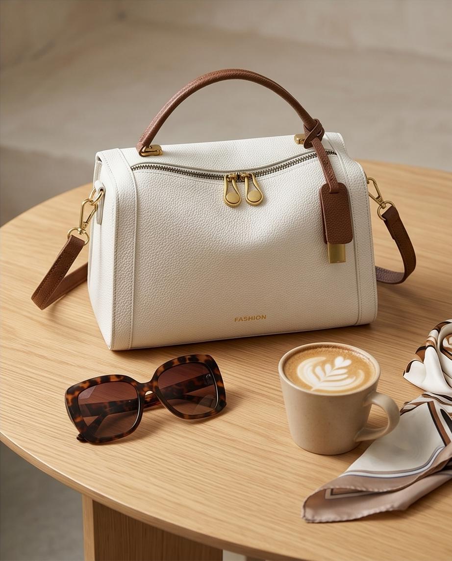 Ivory Top‑Handle Satchel Bag with Brown Trim