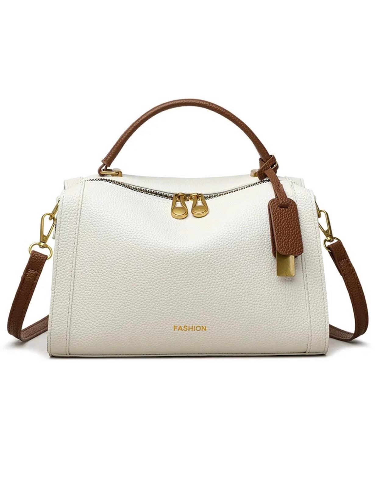 Ivory Top‑Handle Satchel Bag with Brown Trim