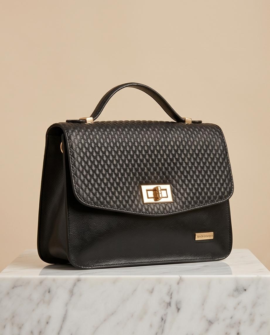 Black Textured Top‑Handle Satchel Bag