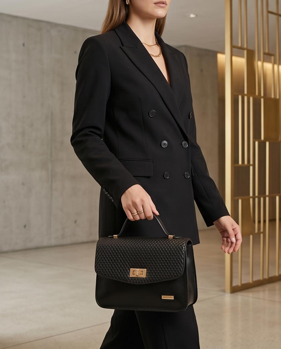 Black Textured Top‑Handle Satchel Bag