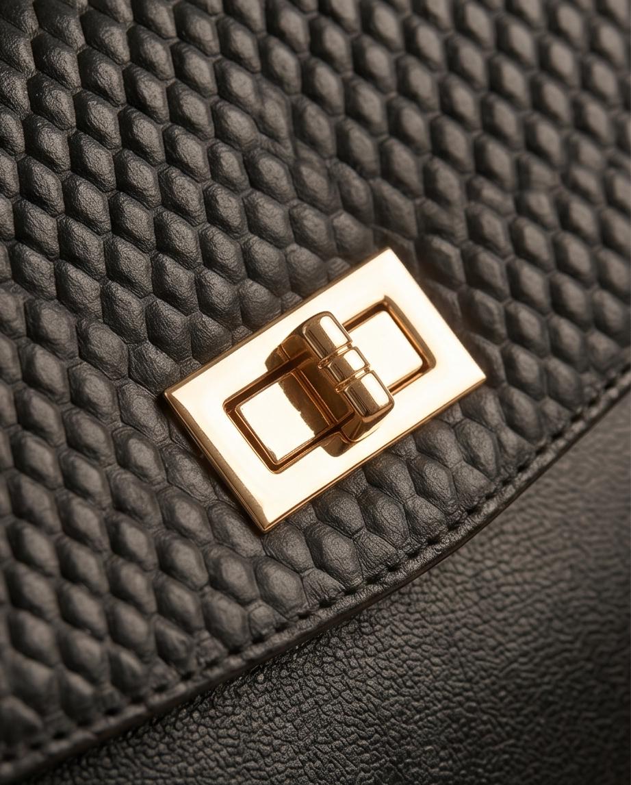 Black Textured Top‑Handle Satchel Bag