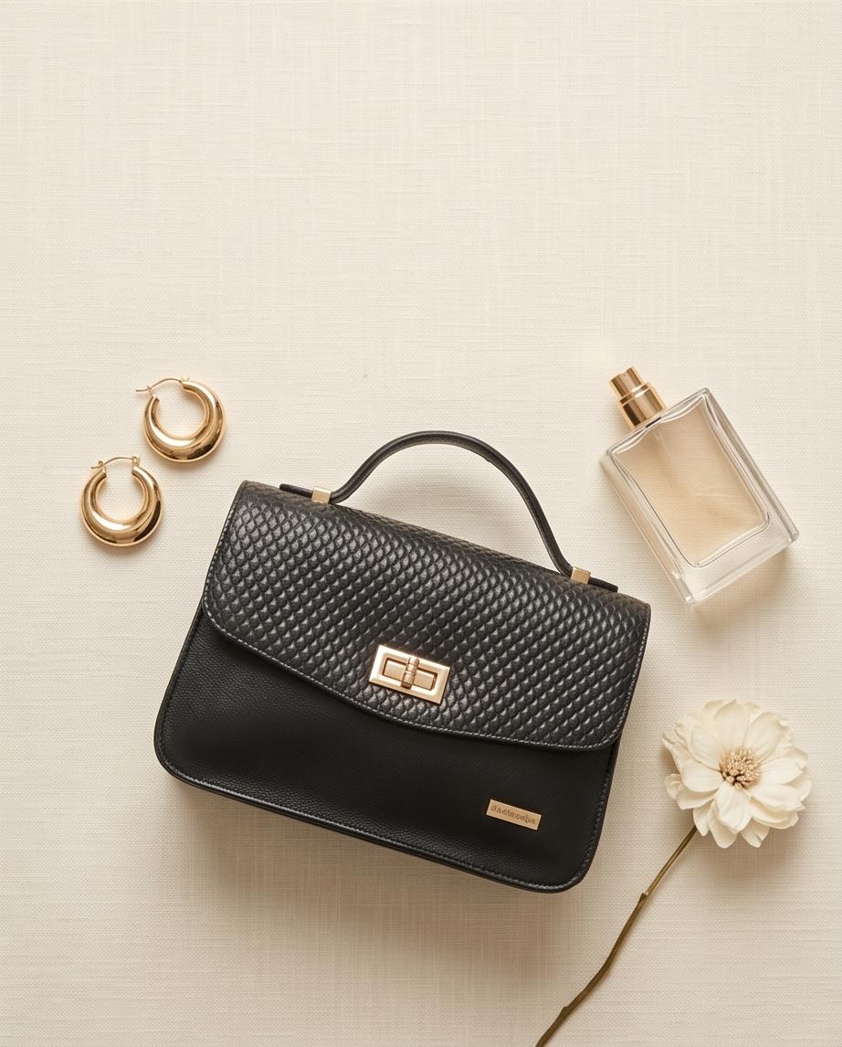 Black Textured Top‑Handle Satchel Bag