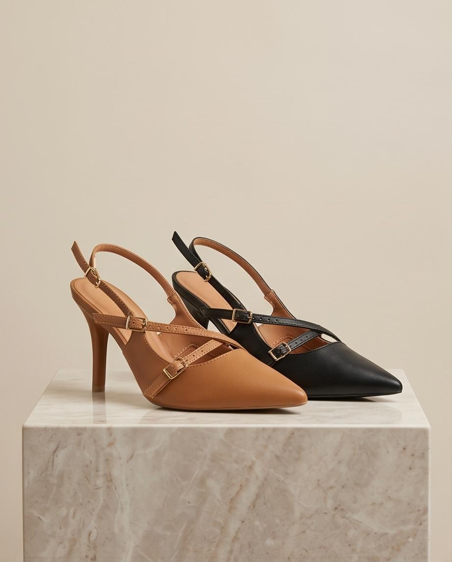 Tan & Black Pointed‑Toe Slingback Heels