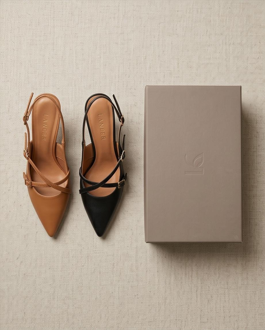 Tan & Black Pointed‑Toe Slingback Heels