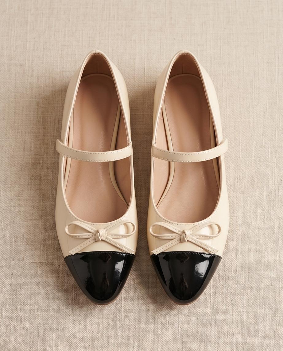 Beige Ballet Flats with Black Cap Toe