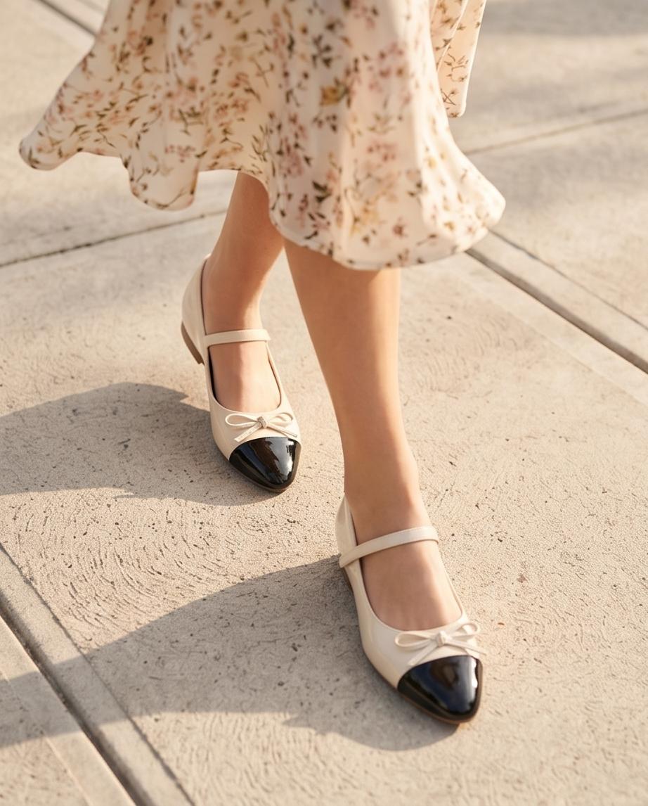 Beige Ballet Flats with Black Cap Toe