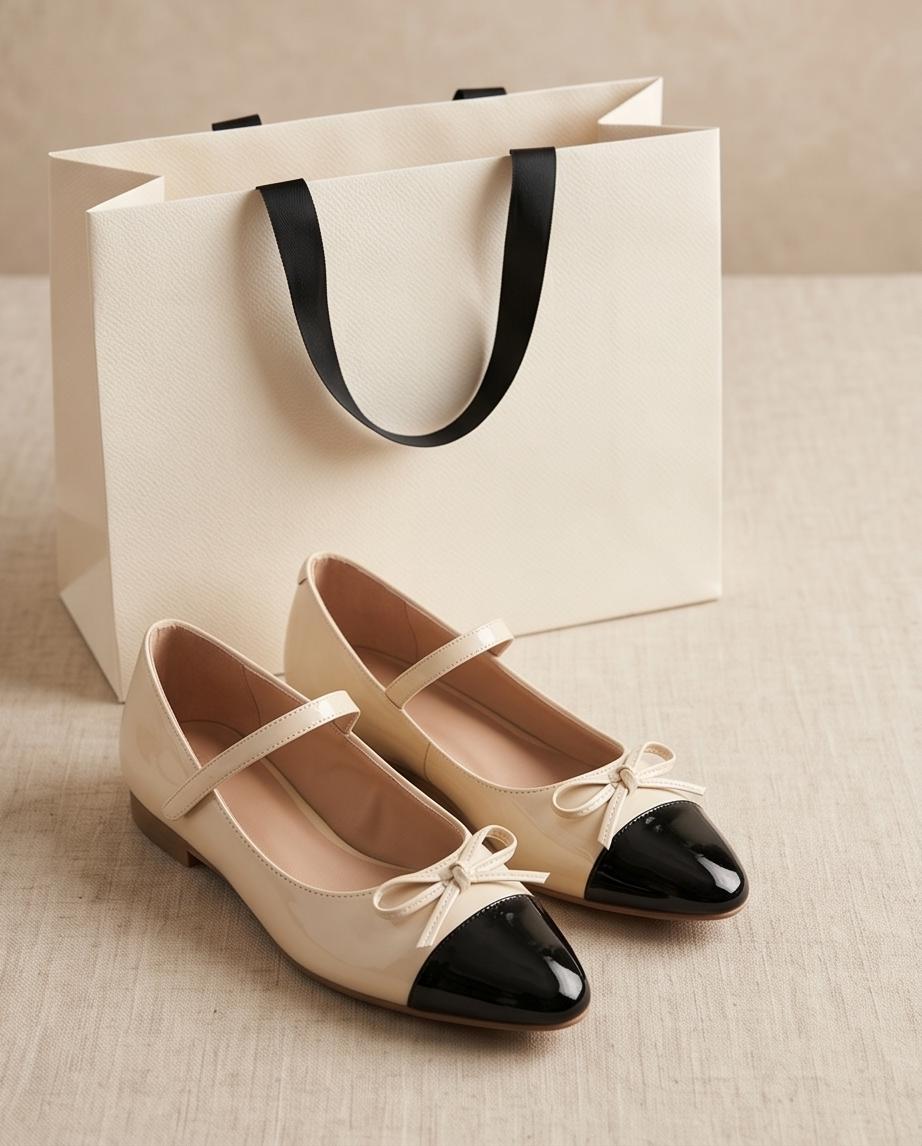 Beige Ballet Flats with Black Cap Toe