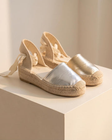Silver Lace‑Up Espadrille Wedge Sandals