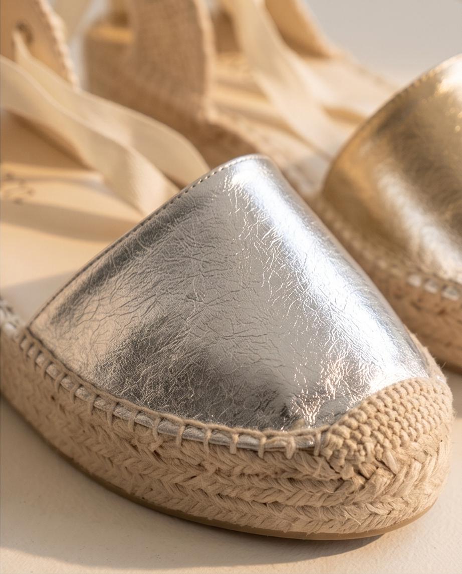 Silver Lace‑Up Espadrille Wedge Sandals
