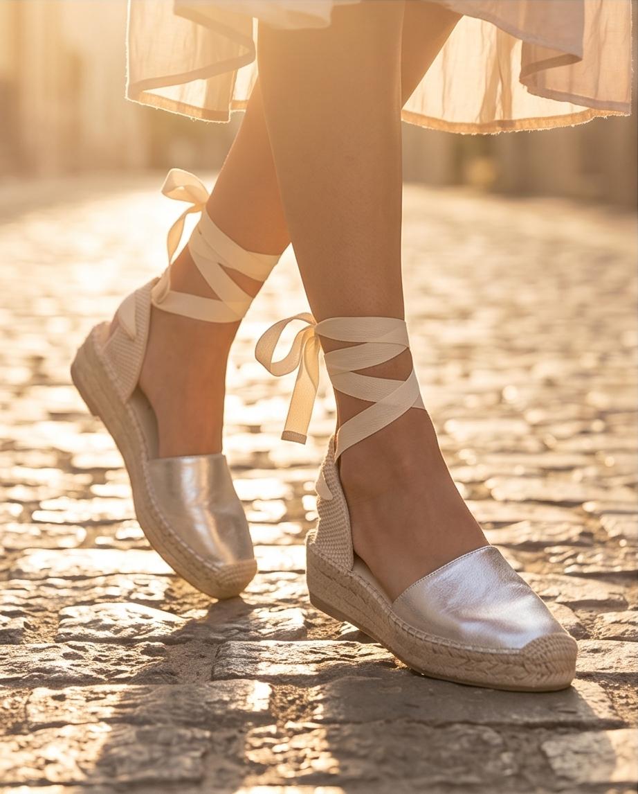 Silver Lace‑Up Espadrille Wedge Sandals