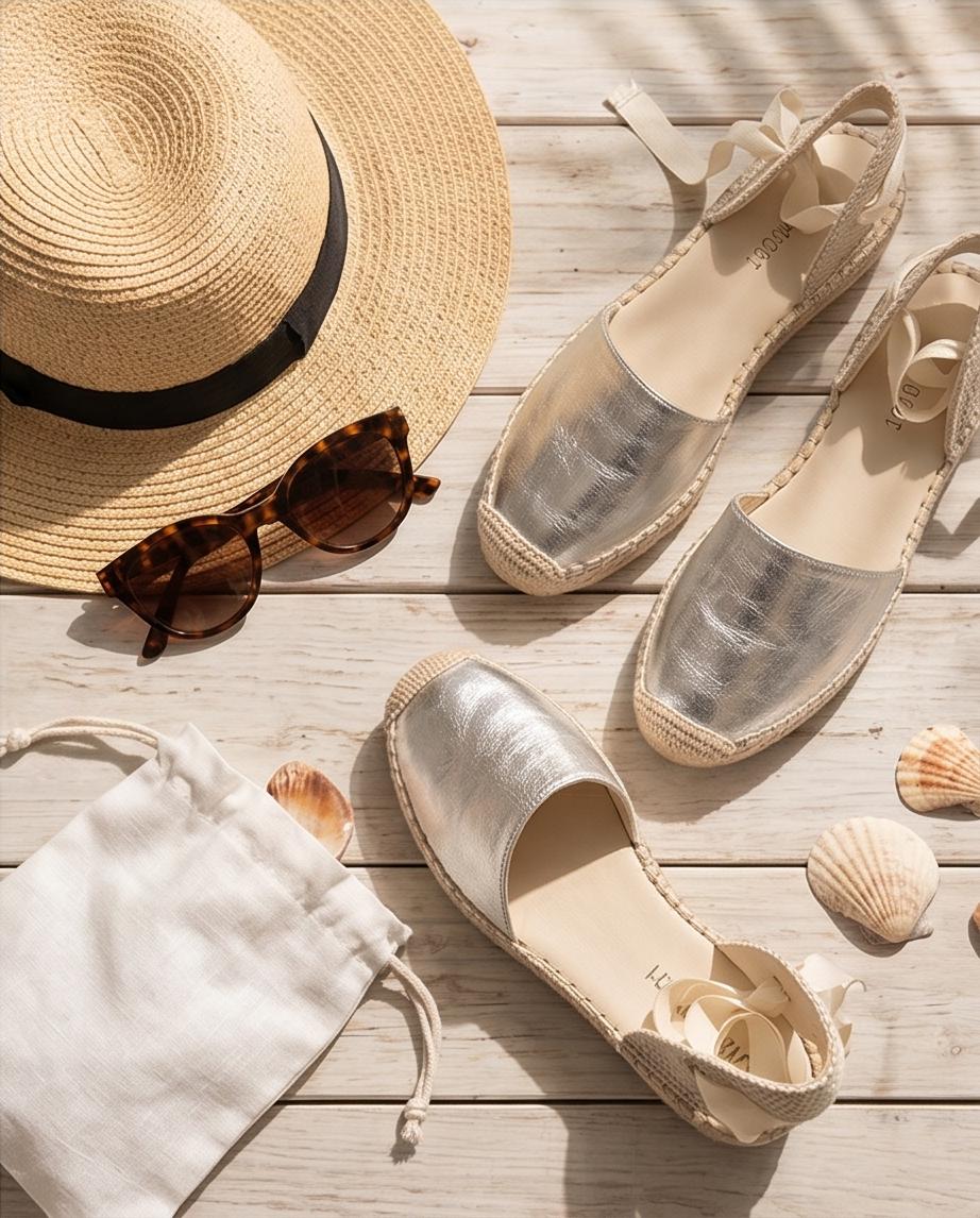 Silver Lace‑Up Espadrille Wedge Sandals