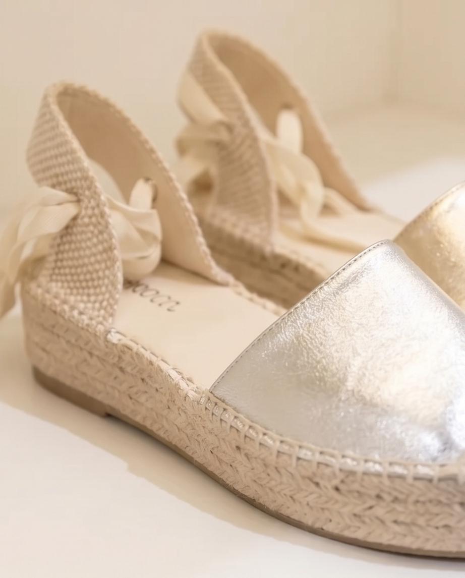 Silver Lace‑Up Espadrille Wedge Sandals